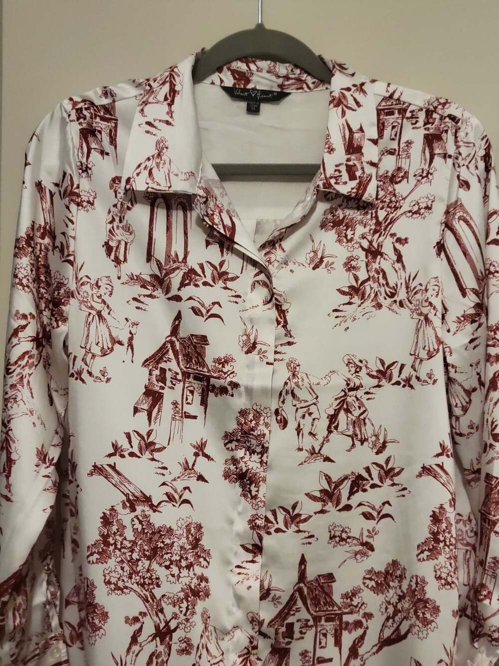 Velvet Heart Red Toile French Countryside Print Long Sleeve Button-Down Shirt
